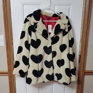 Super cute Torrid Faux Fur Coat with Black Hearts